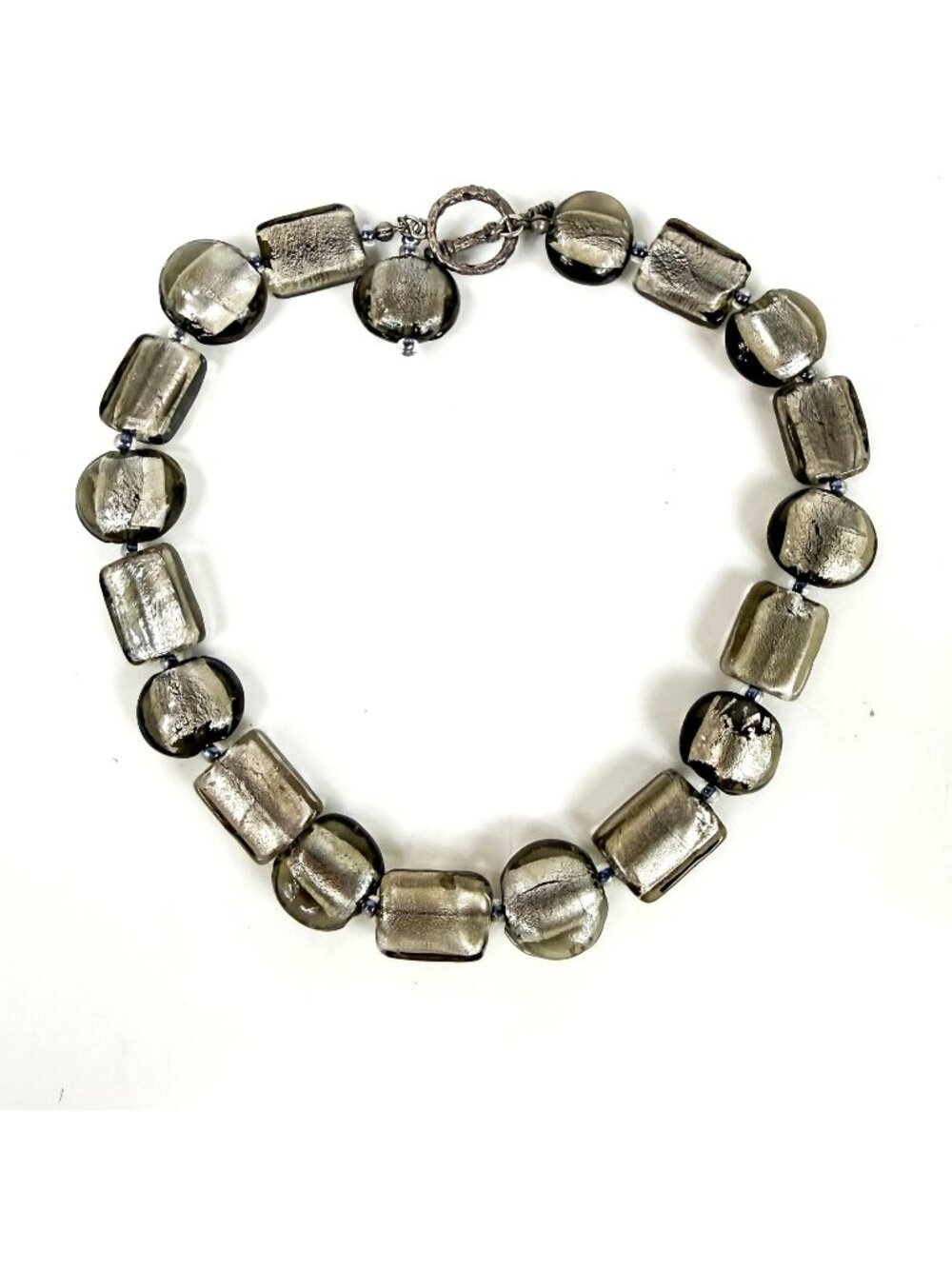 Vintage Art Glass Silver Avventurine Smoky Grey Beaded Chunky Toggle Necklace - Picture 1 of 4
